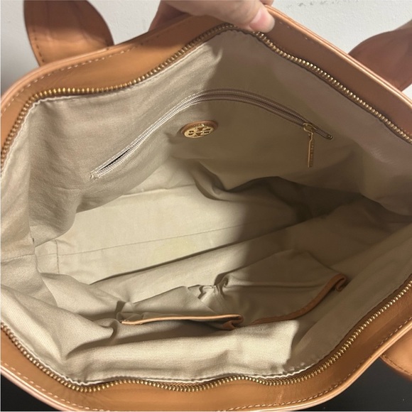 Tory Sophia Canvas Burch Aqua and Tan Striped Tote - Picture 5 of 15